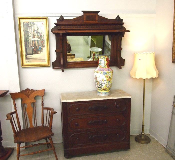 Victorian chest and  mirror, floor lamp, chair
