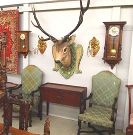 Christmas store display, mahogany chairs, clock, sconces