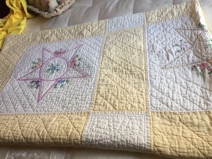 Vintage Hand embroidered, Hand quilted quilt.