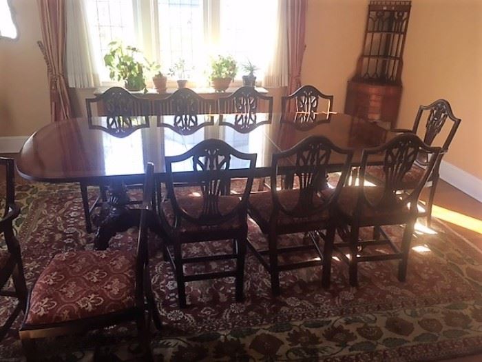 Carved Double Pedestal Mahogany Dining Table w/ 3 Leaves and 10 Matching Chairs -  (2 Arm 8 Side Chairs )