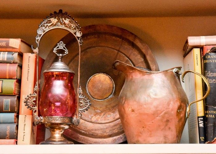 Antique Ruby Glass Lantern, Copper Plate & Pitcher 