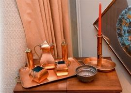 Copper Tea Set with Tray, Salt & Pepper Grinders, Candlestick & Bowl
