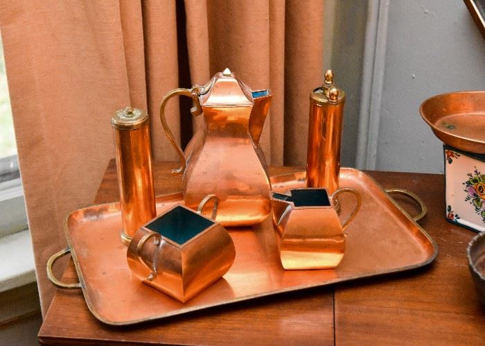Copper Tea Set with Tray, Salt & Pepper Grinders