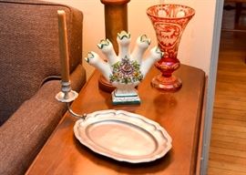Pewter Plate with Candle Holder, Vintage Pottery Vase, Cranberry Glass Etched Vase