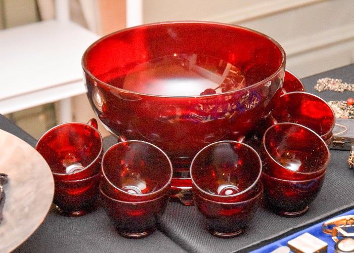 Ruby Glass Punch Bowl Set with 12 Cups