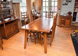 Antique Harvest Table & 8 Ladder Back Chairs with Rush Seats 