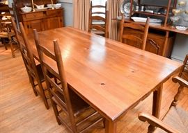 Antique Harvest Table & 8 Ladder Back Chairs with Rush Seats 