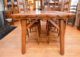 Antique Harvest Table & 8 Ladder Back Chairs with Rush Seats 