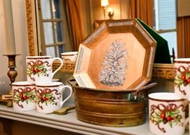Christmas Coffee Mugs, Brass Planter, Decoupage Pine Cone Dish