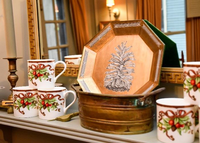 Christmas Coffee Mugs, Brass Planter, Decoupage Pine Cone Dish