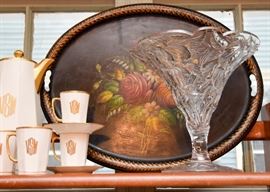 Toleware Tray, Glass Pedestal Vase