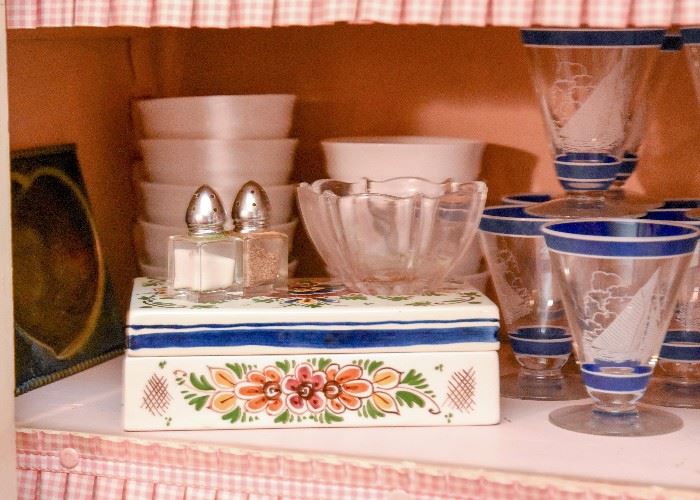 Ceramic Hand Painted Box, Small Bowls, Sailboat Glassware