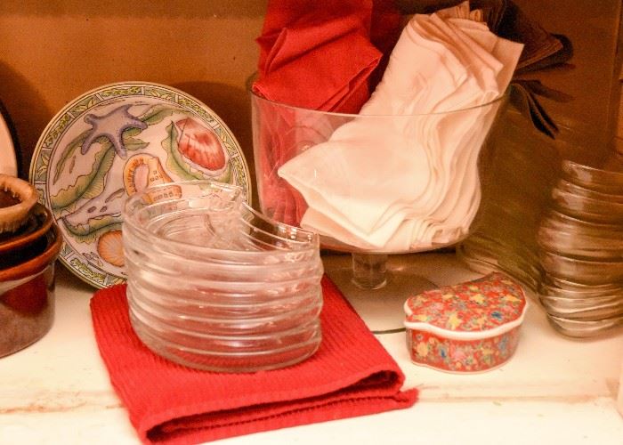 Glass Trifle Bowl, Glass Bone Dishes, Napkins, Porcelain Trinket Box, Etc.