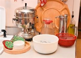 Coffee Server, Mixing Bowl, Chrome Barware Pitcher with Bakelite Handle, Wood Serving Tray, Mixing Bowl, Red Mesh Colanders, Etc.