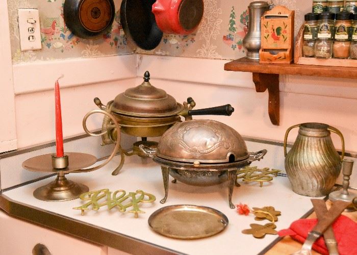 Vintage Chafing Dishes, Trivets, Candle Holder, Vase, Etc.