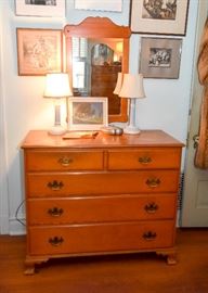 Vintage Dresser / Chest of Drawers, Wedgwood Table Lamps, Wood Framed Wall Mirror, Artwork