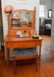 Antique Turned Wood Spool Spindle Vanity with Bench & Mirror