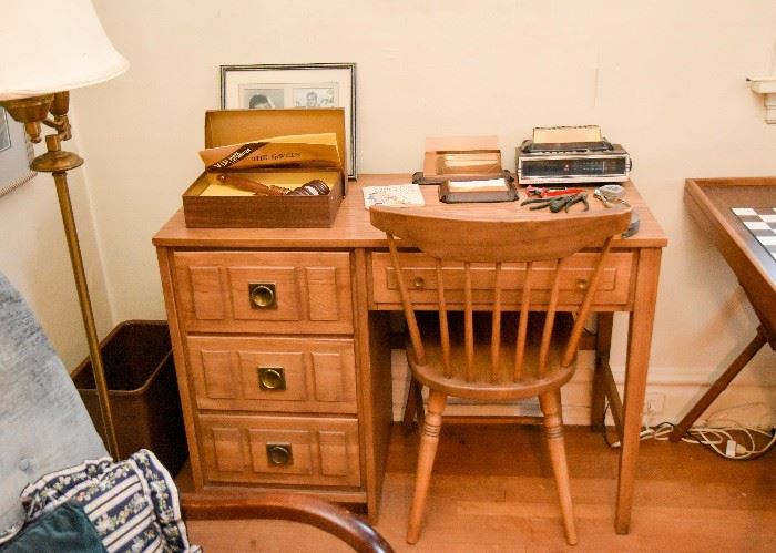 Vintage Wood Keyhole Desk & Spindle Back Chair