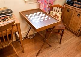 Folding Chessboard Table, Vintage Wood Chair