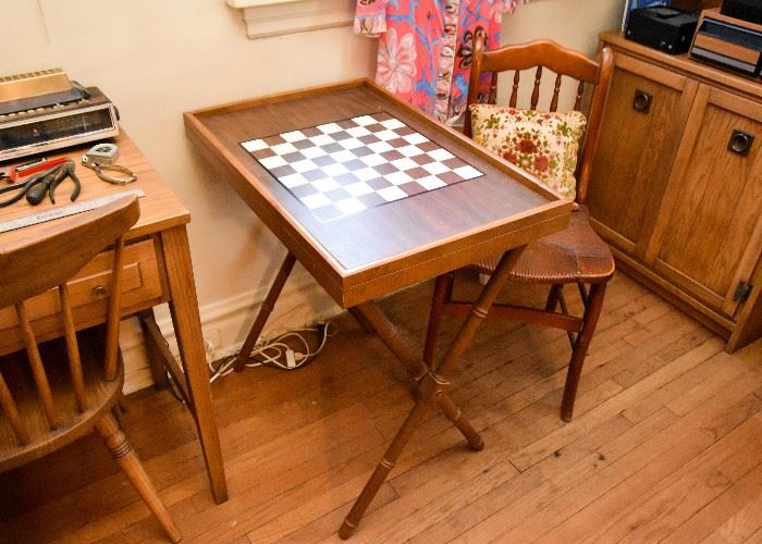 Folding Chessboard Table, Vintage Wood Chair