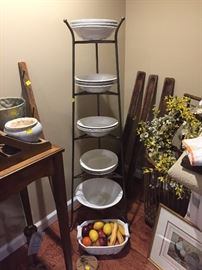 Pottery Barn soup bowls set of 10 with larger PB serving bowl, beautiful faux fruit and great iron pie rack, Hand carved olive trays.