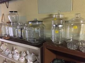 Great selection of vintage and new jars, and hens in a basket