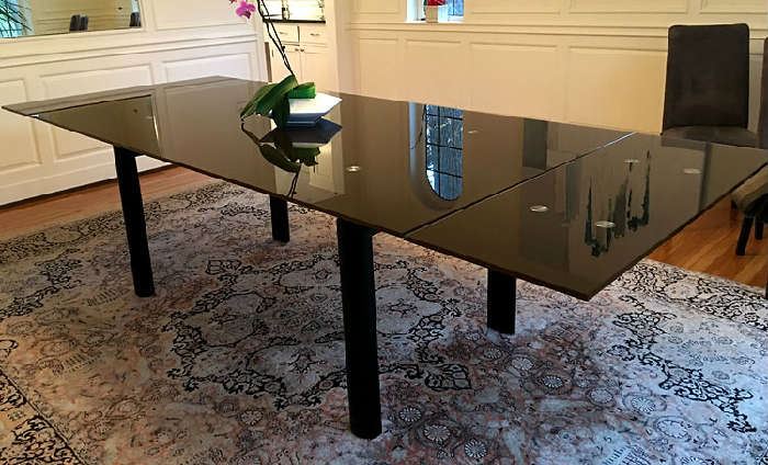 Modern Lux, unusual black glass, chrome and wood extension dining table