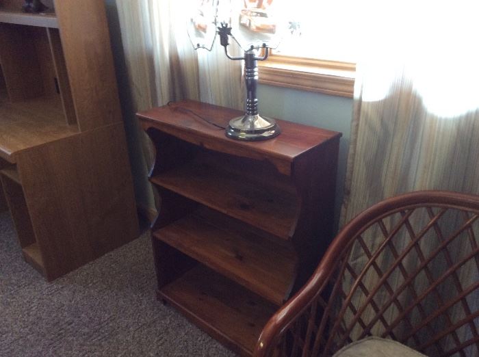 book shelf and barrel chair