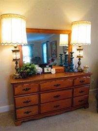Maple Dresser with Mirror and Mid Century Lamps