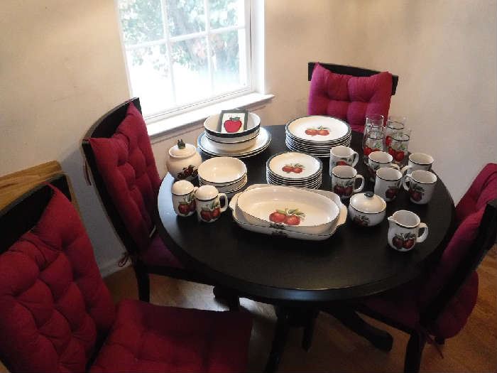 Breakfast Table and 4 chairs very reasonably priced. Also apple themed dish set all at one price.