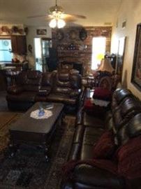 LEATHER SOFA, DOUBLE RECLINER, COFFEE AND END TABLES