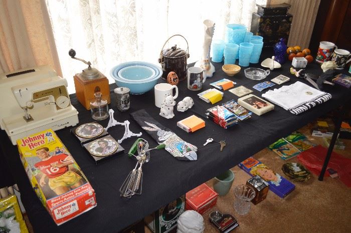 Small portable sewing machine, glass bowls, glass pitcher and glasses, Oriental jewelry box