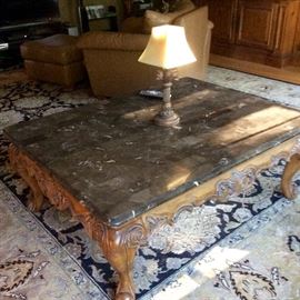 Carved square coffee table with granite top