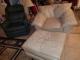 Matching plush leather armchair and ottoman