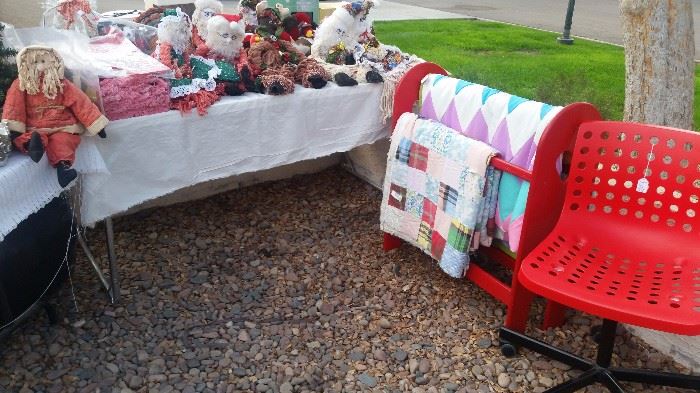 Red Ikea Chair, Quilts, Quilt Rack, Christmas Mop Dolls