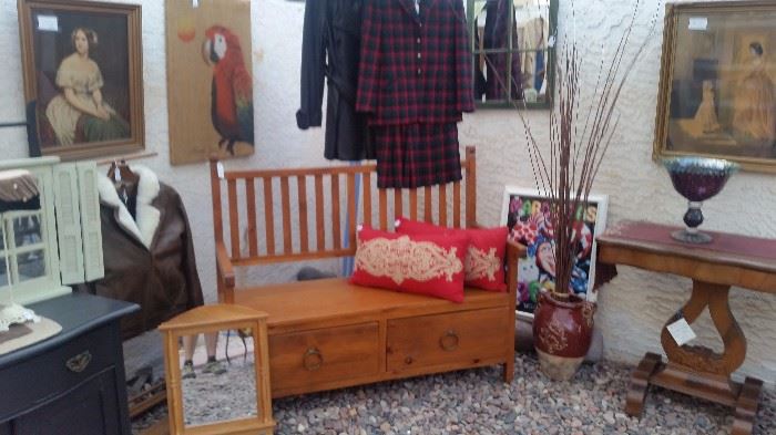 Entry Bench with 2 Drawers, 2 Red Pillow , Mirrors, Leather Womens Coats, Vintage Pendleton Jacket/Skirt set