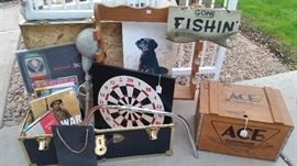 Ace Hardware wood box, Trunk, War Books, Gun Rack, metal/wood signs, Vintage Bicycle Handle bars, Metal Lamp