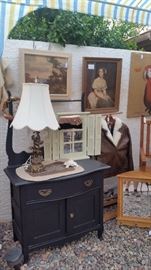 (SOLD Antique Wash Stand)  Beautiful Lamp w/Prisims, Ladies Leather Bomber Jacket, Mirrors