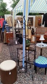 Vintage Wrought Iron Spiral Plant Stand, Ottomans, Antique side tables, Parrot Burlap Picture & More