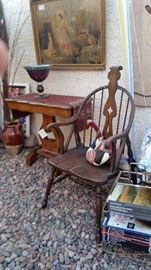 Antique Game/Card Table, Windsor Chair, Mosaic Console Bowl