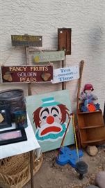 Wood Signs, Sad Clown Painting, Flag Pole Stand, Corner Shelf, Walking Stick