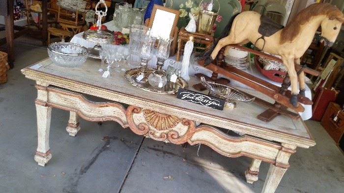Spanish Style Console or Sofa Table, Sterling Silver, Angels & More