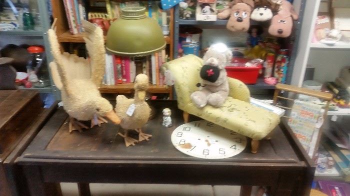Victorian Operating Table, Salesman Sample Fainting Couch, Tole Lamp, Duck, Clock Face....