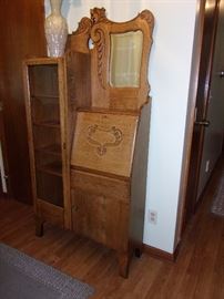 Beautiful secretary desk with unique mirro, ornate wood carved and glass doored bookcase