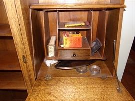 Beautiful secretary desk with unique mirro, ornate wood carved and glass doored bookcase