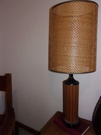 Set of four Vintage Mid Century  2 Large Rattan Cane Wicker & Fiberglass Drum Lamp Shade and 2 Small with wood lamp base. 