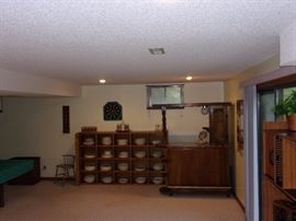 Portable Vintage bar with light, solid oak shelving on it's side. Pool table not for sale.