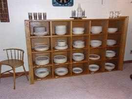 Portable Vintage bar with light, solid oak shelving on it's side. Pool table not for sale.