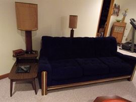 Air filled blue vintage sofa, Set of four Vintage Mid Century  2 Large Rattan Cane Wicker & Fiberglass Drum Lamp Shade and 2 Small with wood lamp base. Pillows not included. Vintage handmade ottoman/coffee table.