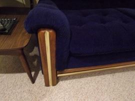 Air filled blue vintage sofa, Set of four Vintage Mid Century  2 Large Rattan Cane Wicker & Fiberglass Drum Lamp Shade and 2 Small with wood lamp base. Pillows not included. Vintage handmade ottoman/coffee table.